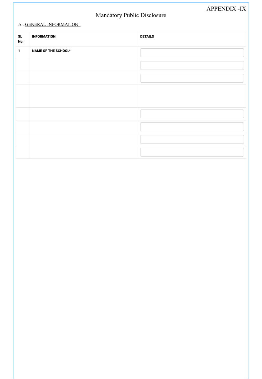 APPENDIX -IX Mandatory Public Disclosure A :  GENERAL INFORMA TION : SL No. INFORM A TION DE T AILS 1 N AME OF THE SCHOOL *
